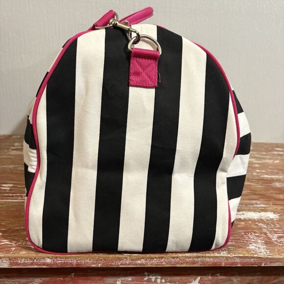 Y2K 2000s Victoria’s Secret Pink Duffle Bag Weekender Black White Stripe Strap - Picture 4 of 14